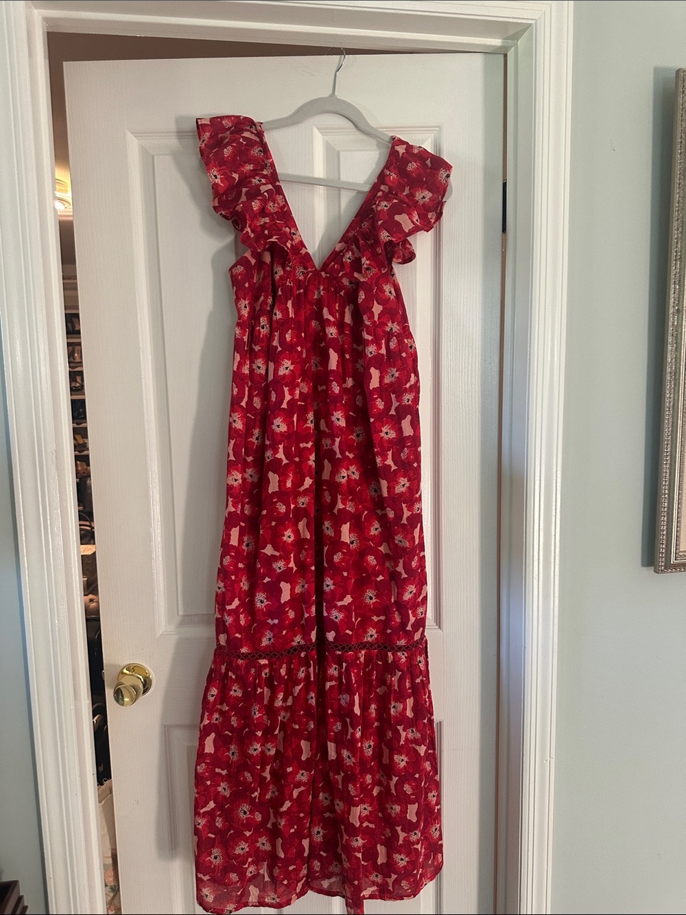 Red Floral Ruffle-Shoulder Maxi Dress